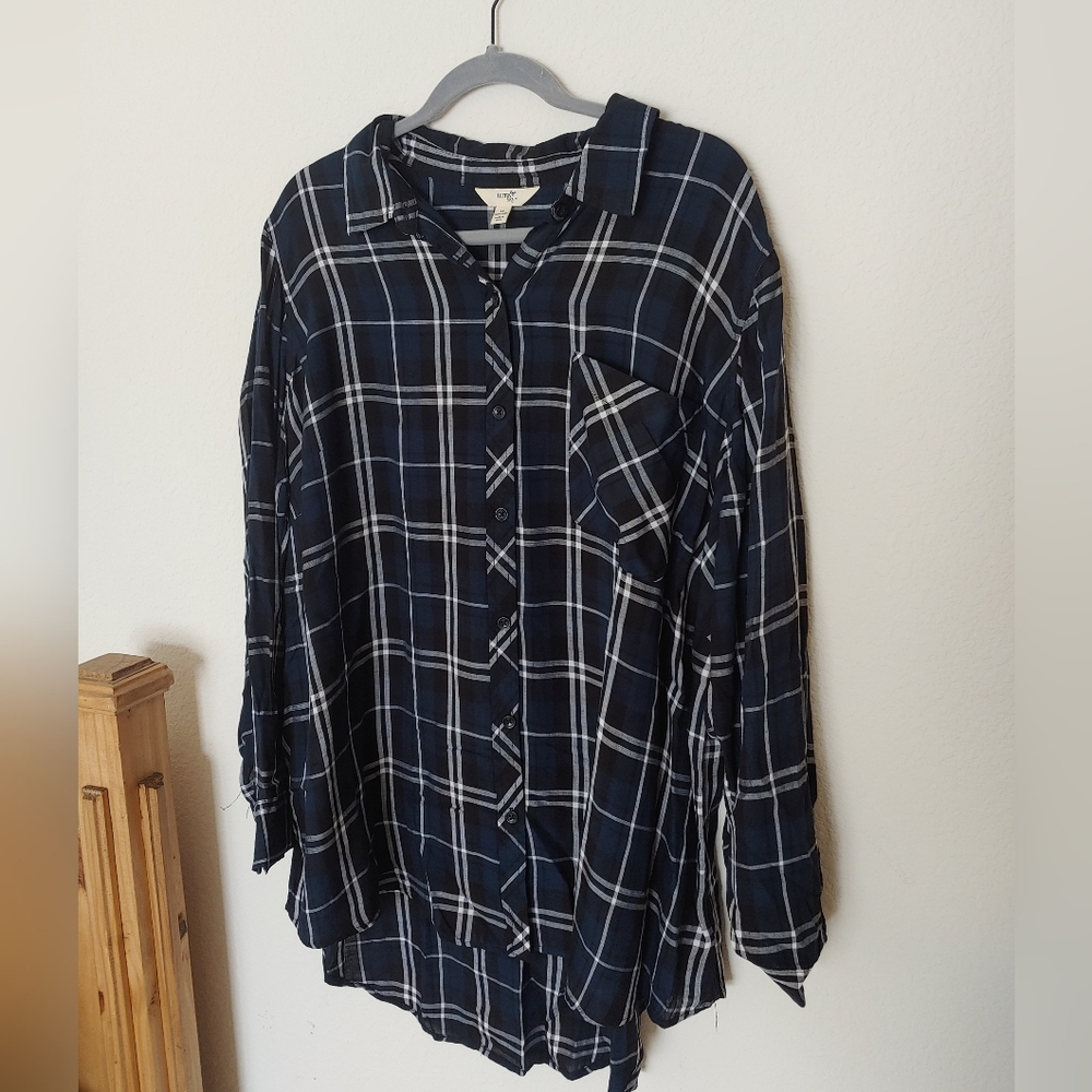 Terra & Sky blue plaid button up tunic, 2X